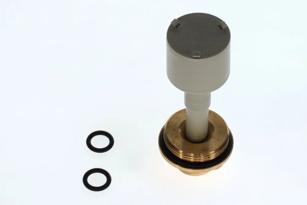 BOSCH Verteiler mit einem runden, goldfarbenen Basisbereich und einem weißen, zylindrischen Teil, ergänzt mit zwei schwarzen O-Ringen daneben.